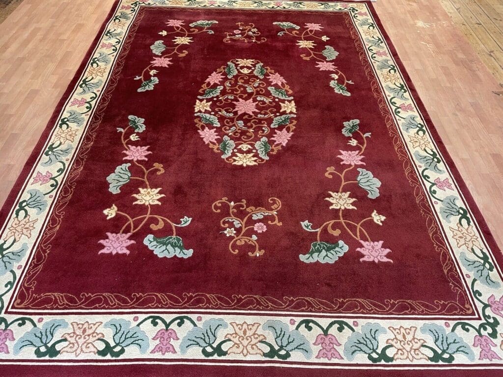 klassischer-peking-chinateppich-350x250-hochflor-2cm-rotes-feld-mit-beiger-1 Orientteppich Peking 350 x 250 cm Wolle handgeknüpft
