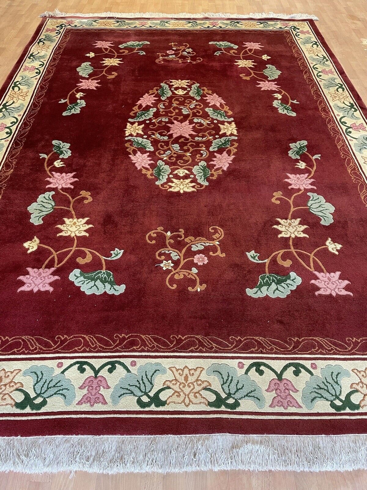 klassischer-peking-chinateppich-350x250-hochflor-2cm-rotes-feld-mit-beiger-2 Orientteppich Peking 350 x 250 cm Wolle handgeknüpft