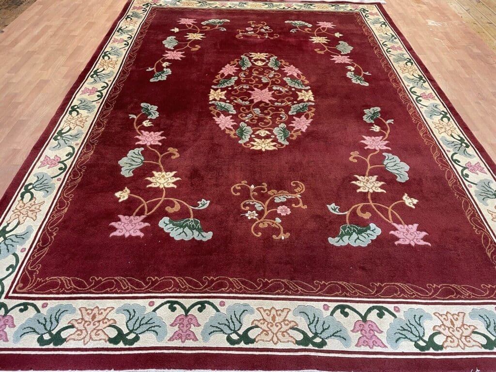 klassischer-peking-chinateppich-350x250-hochflor-2cm-rotes-feld-mit-beiger-3 Orientteppich Peking 350 x 250 cm Wolle handgeknüpft