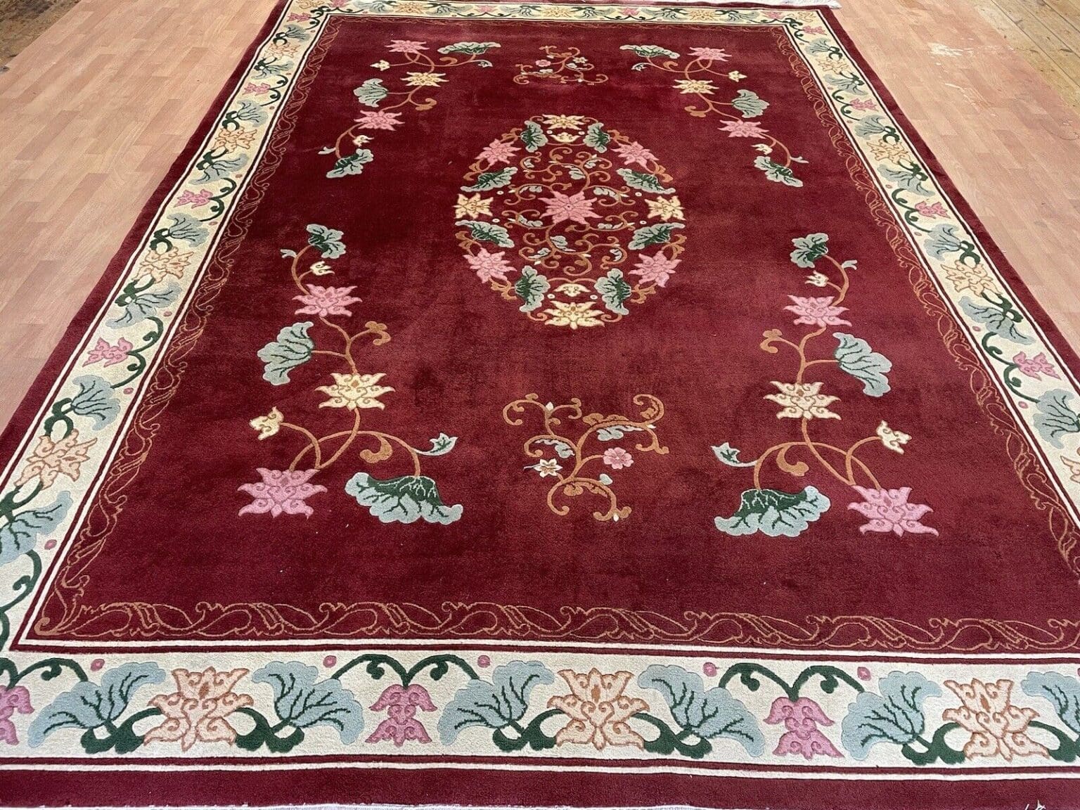 klassischer-peking-chinateppich-350x250-hochflor-2cm-rotes-feld-mit-beiger-3 Orientteppich Peking 350 x 250 cm Wolle handgeknüpft
