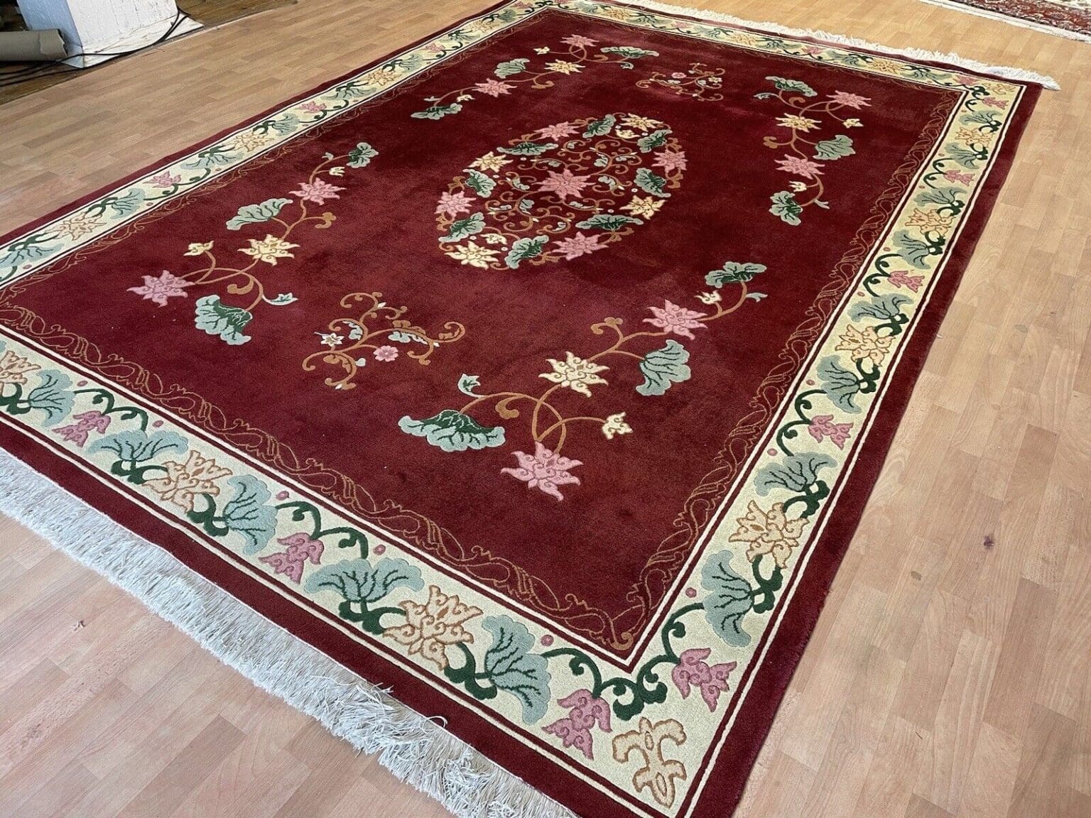 klassischer-peking-chinateppich-350x250-hochflor-2cm-rotes-feld-mit-beiger-4 Orientteppich Peking 350 x 250 cm Wolle handgeknüpft