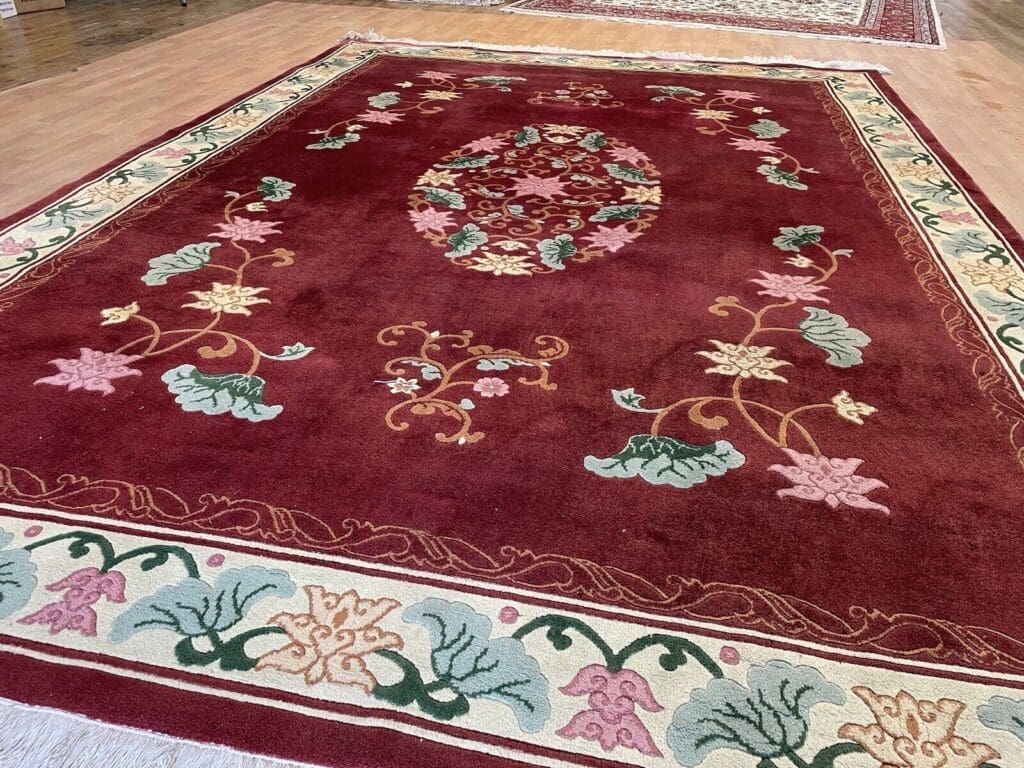 klassischer-peking-chinateppich-350x250-hochflor-2cm-rotes-feld-mit-beiger-5 Orientteppich Peking 350 x 250 cm Wolle handgeknüpft