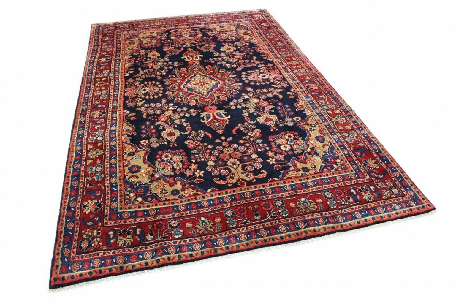 klassischer-orientteppich-hamadan-blau-330x210-cm-florales-design-mit-2 Perserteppich Hamadan 330 x 210 cm Wolle handgeknüpft