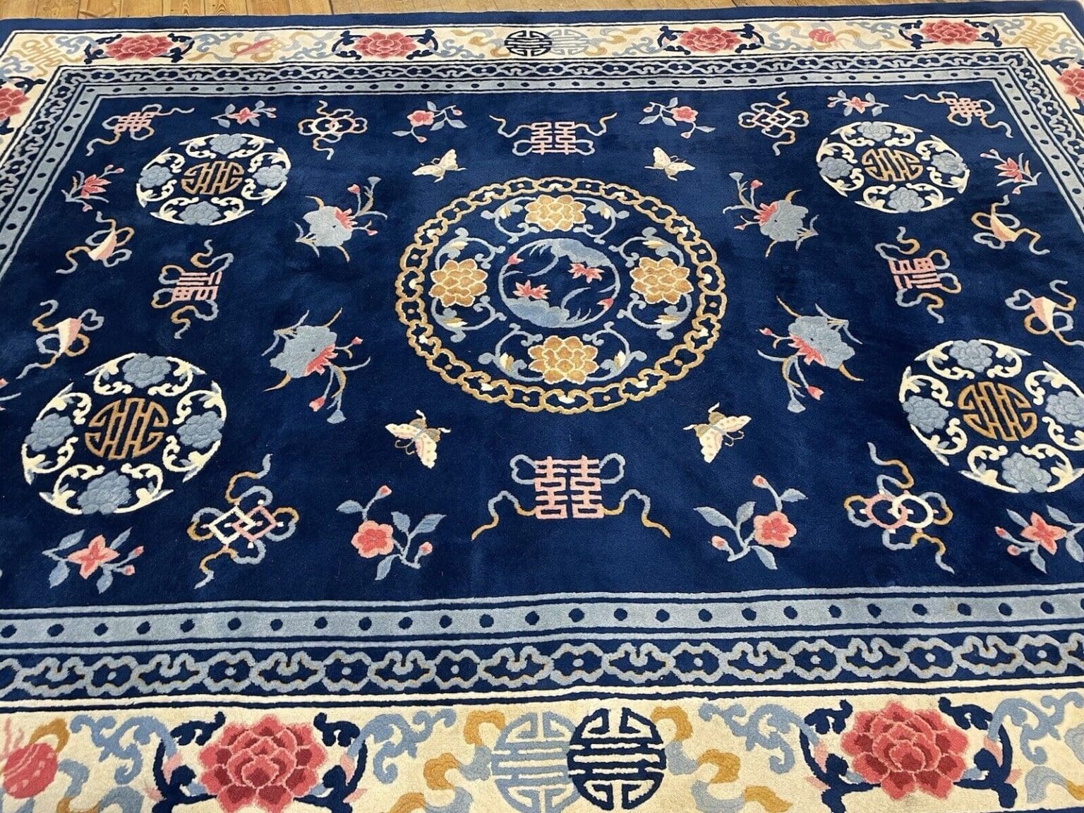 antiker-peking-teppich-250x350-cm-100-wolle-pao-tau-design-petrol-blau-1-1 Orientteppich Peking 250 x 350 cm Wolle handgeknüpft