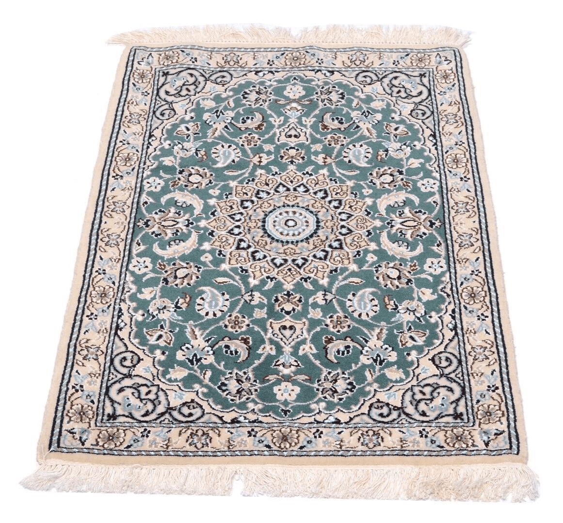 handgeknupfter-orientteppich-nain-9-94x65-cm-500000-knoten-grun Perserteppich Nain 94 x 65 cm Wolle handgeknüpft