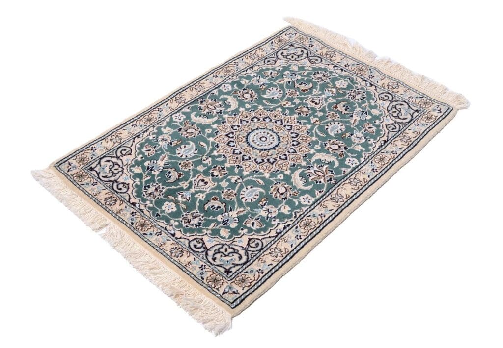 handgeknupfter-orientteppich-nain-9-94x65-cm-500000-knoten-grun Perserteppich Nain 94 x 65 cm Wolle handgeknüpft