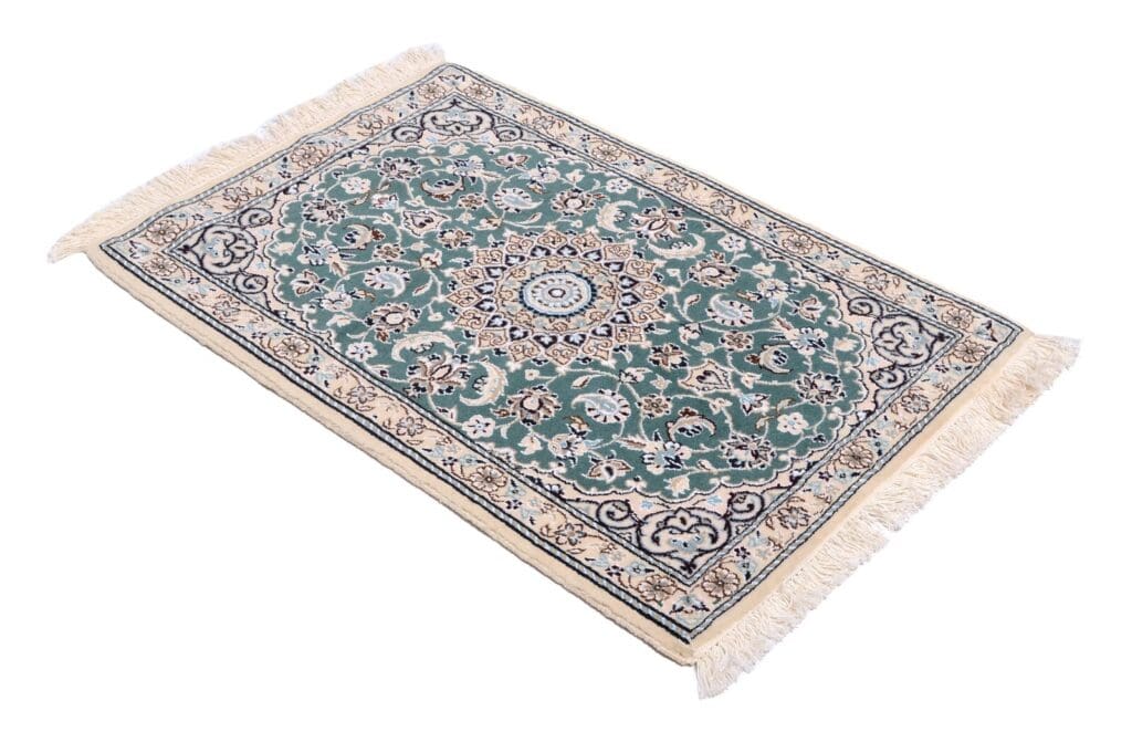 handgeknupfter-orientteppich-nain-9-94x65-cm-500000-knoten-grun-1 Perserteppich Nain 94 x 65 cm Wolle handgeknüpft