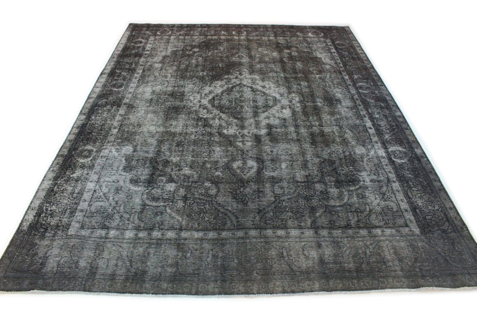 vintage-orientteppich-390x295cm-grau-schwarz-handgeknupft-4 Perserteppich 390x295 cm Wolle handgeknüpft