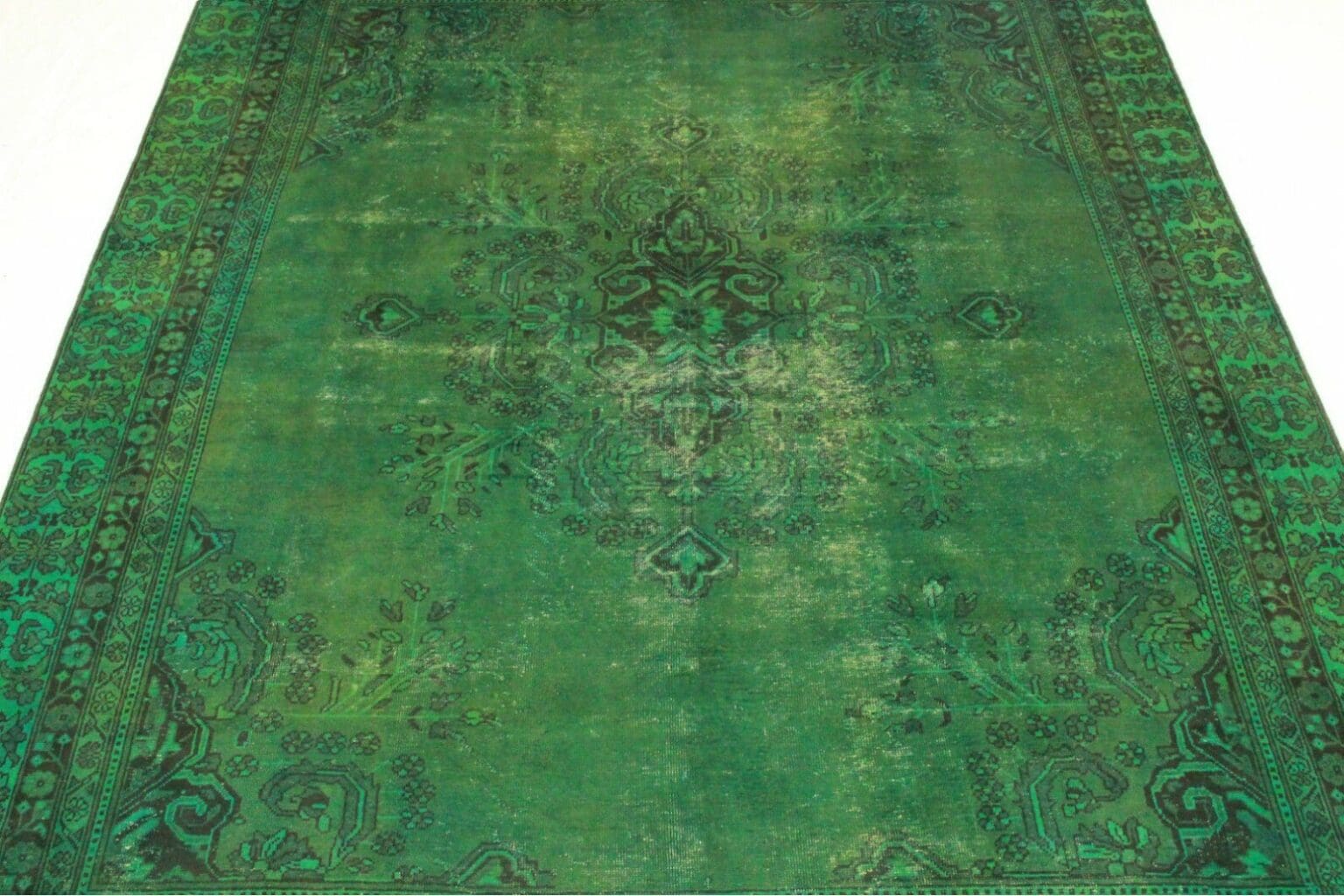 vintage-orientteppich-grun-367x282cm-handgeknupft-design-unikat-1 Orientteppich Orient 367x282 cm Wolle handgeknüpft