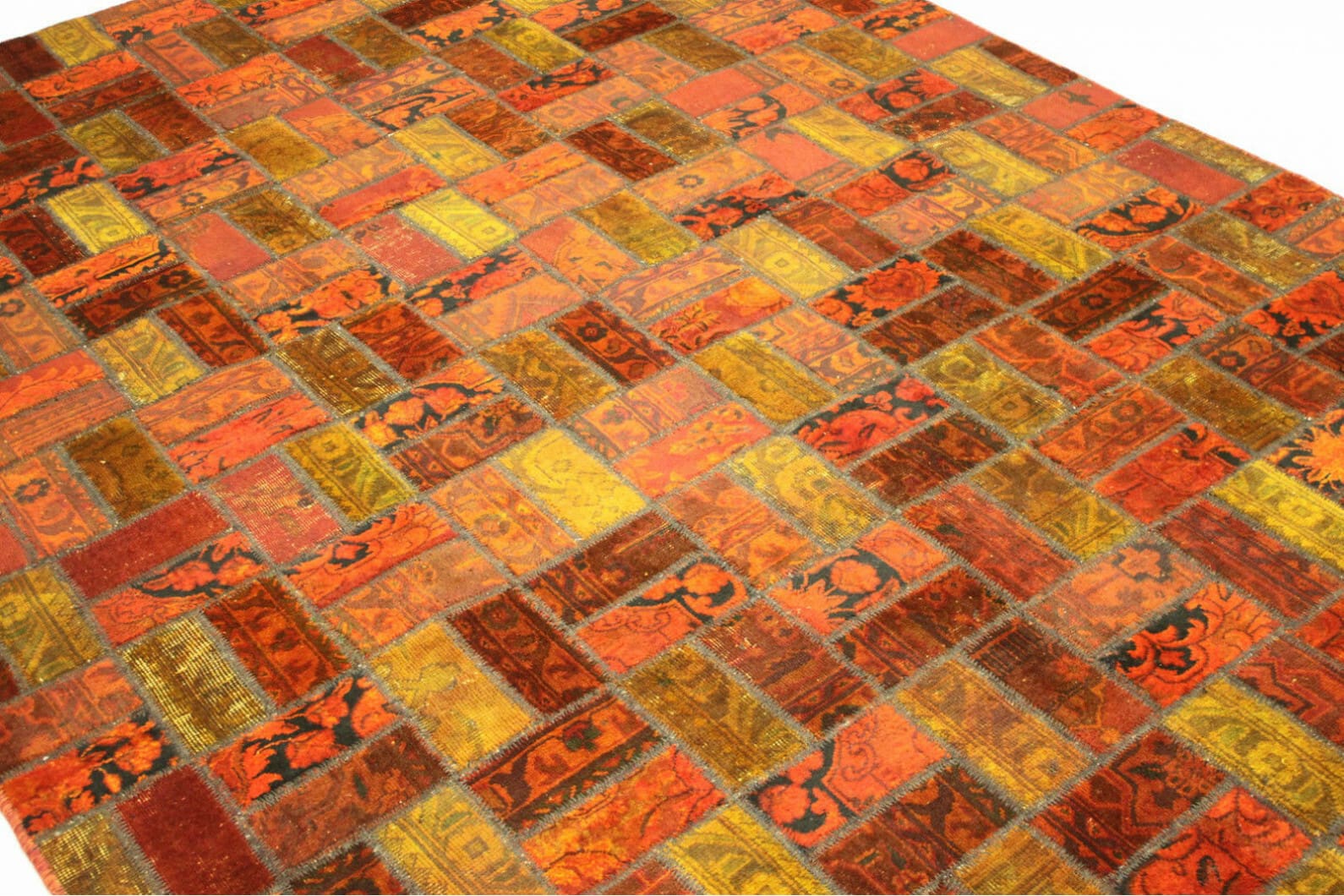 handgeknupfter-patchwork-teppich-rot-308x201cm-orientteppich-2 Orientteppich 306 × 203 cm aus Wolle, handgeknüpft