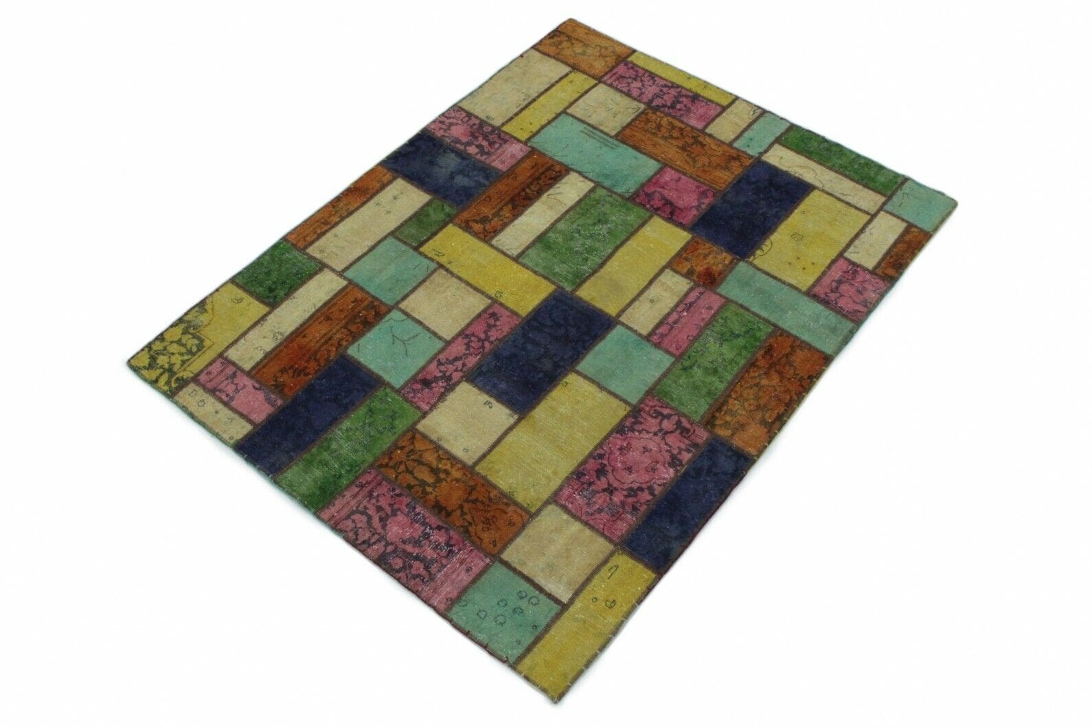 patchwork-orientteppich-200x150cm-rosa-gelb-turkis-beige-orange-handgeknupft-1 Orientteppich 200 × 148 cm aus Wolle, handgeknüpft