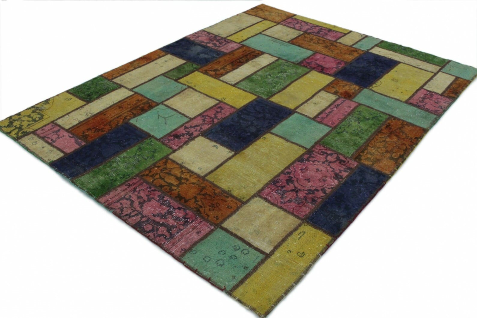 patchwork-orientteppich-200x150cm-rosa-gelb-turkis-beige-orange-handgeknupft-2 Orientteppich 200 × 148 cm aus Wolle, handgeknüpft