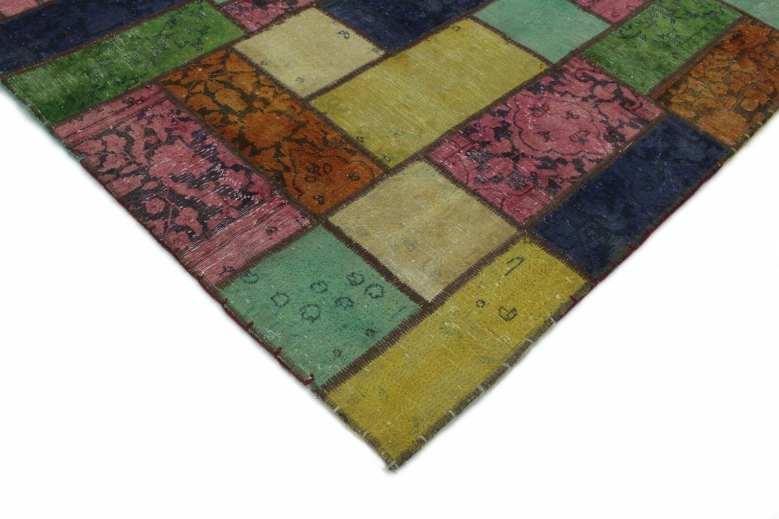 patchwork-orientteppich-200x150cm-rosa-gelb-turkis-beige-orange-handgeknupft-3 Orientteppich 200 × 148 cm aus Wolle, handgeknüpft
