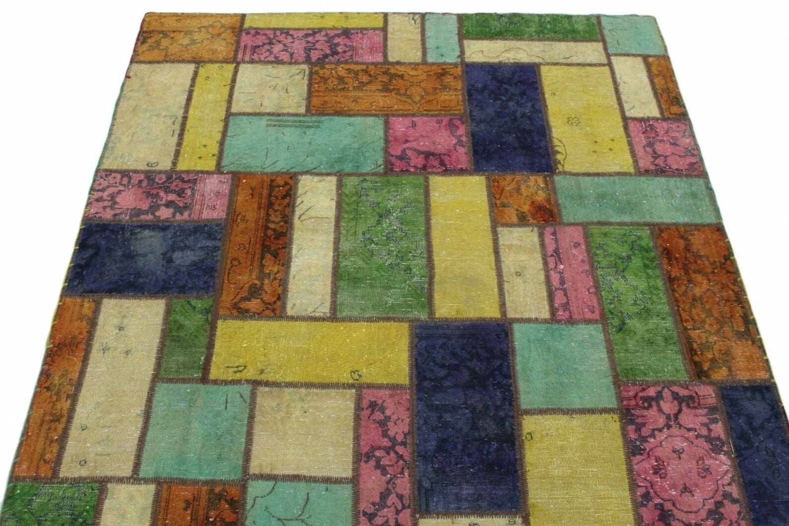 patchwork-orientteppich-200x150cm-rosa-gelb-turkis-beige-orange-handgeknupft-4 Orientteppich 200 × 148 cm aus Wolle, handgeknüpft