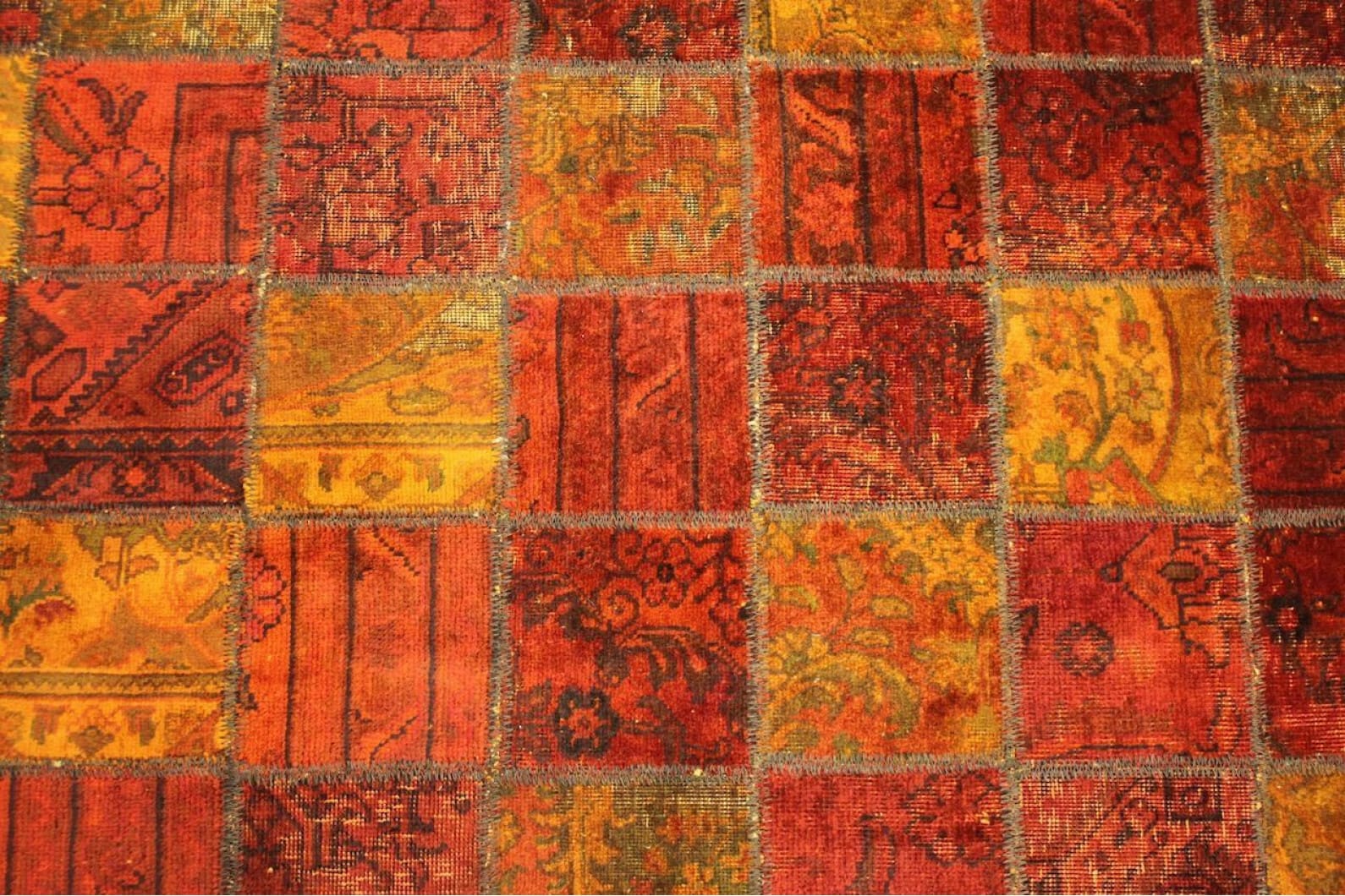 patchwork-teppich-orange-rot-307x198cm-handgeknupft-orientteppich-2 Handgeknüpfter Perserteppich, 307 × 198 cm, Wolle