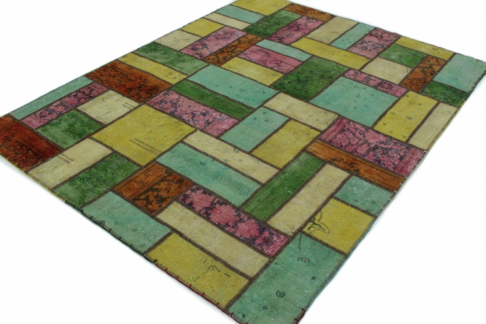 handgearbeiteter-patchwork-orientteppich-202x151cm-beige-turkis-pink-2 Orientteppich aus Orient, 202 × 150 cm