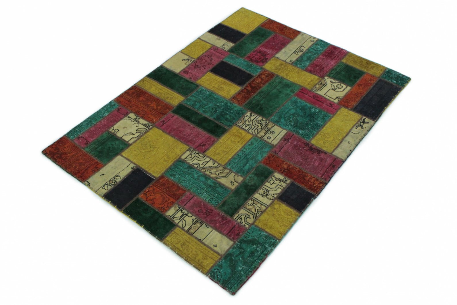 patchwork-teppich-202x151-cm-turkis-grun-gelb-pink-handgeknupft-1 Handgeknüpfter Orientteppich, 202 × 150 cm, Wolle