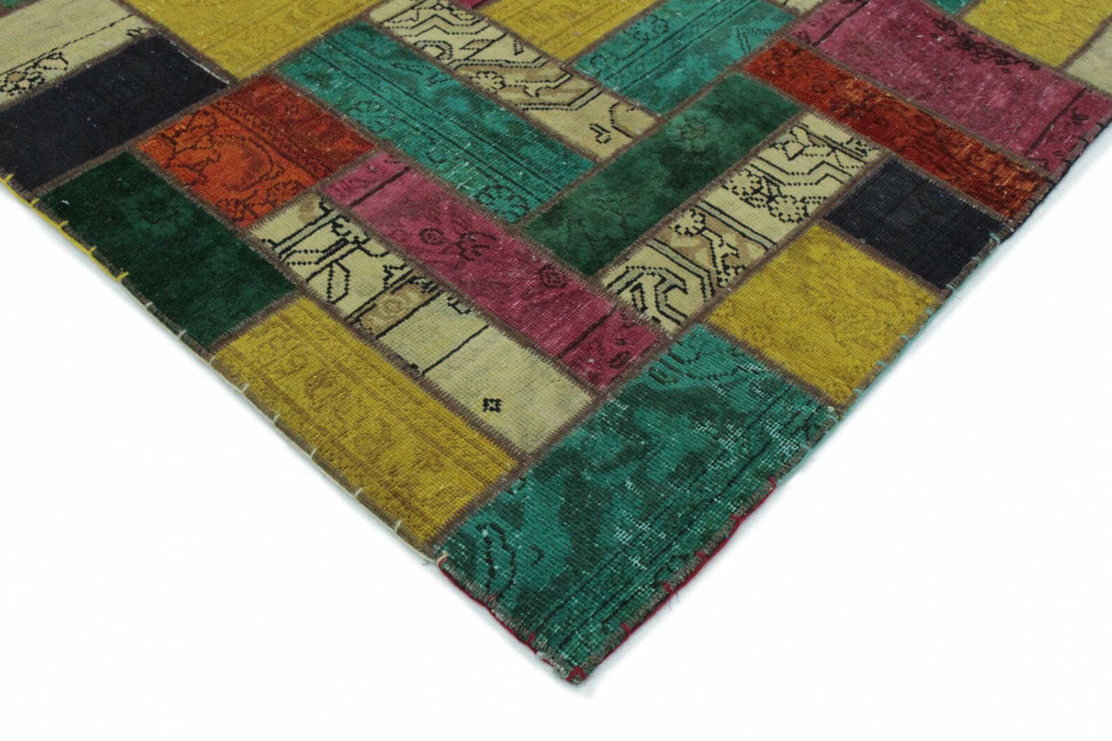patchwork-teppich-202x151-cm-turkis-grun-gelb-pink-handgeknupft-2 Handgeknüpfter Orientteppich, 202 × 150 cm, Wolle