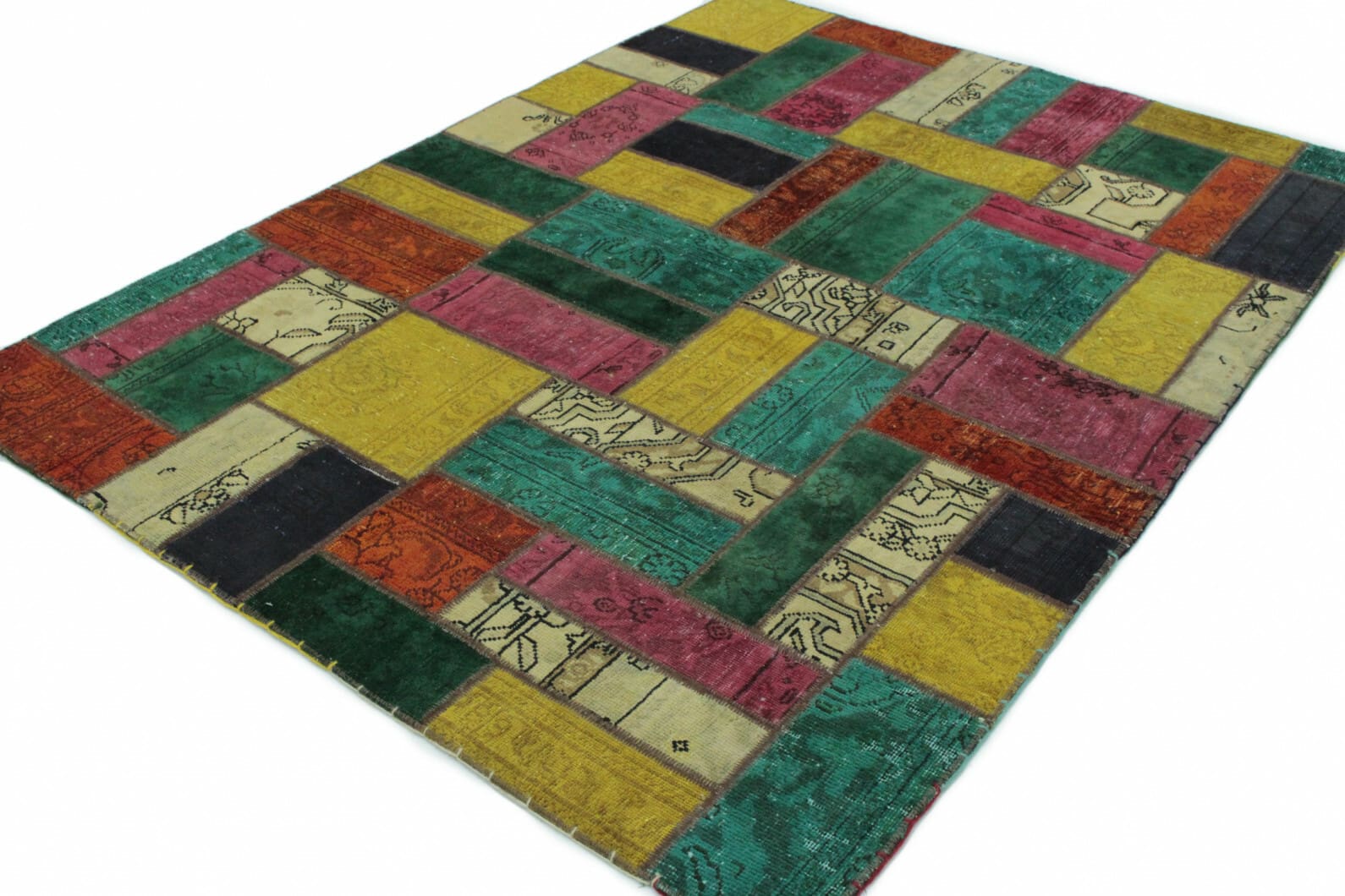patchwork-teppich-202x151-cm-turkis-grun-gelb-pink-handgeknupft-3 Handgeknüpfter Orientteppich, 202 × 150 cm, Wolle
