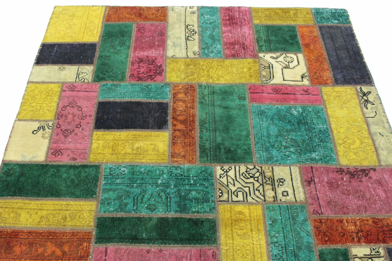 patchwork-teppich-202x151-cm-turkis-grun-gelb-pink-handgeknupft-4 Handgeknüpfter Orientteppich, 202 × 150 cm, Wolle