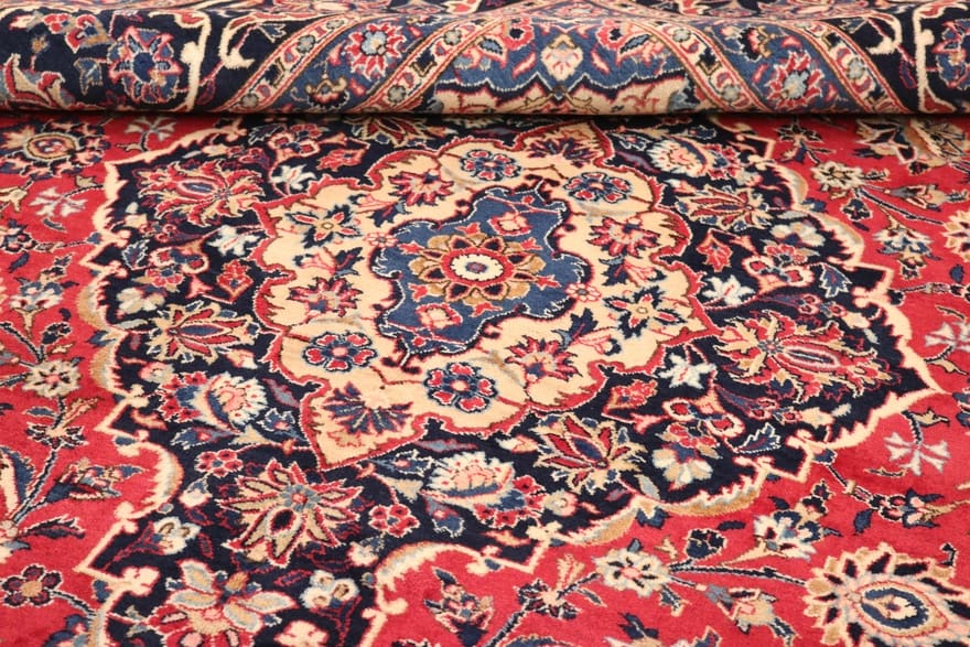 orientteppich-mashad-404x301-cm-klassisches-medaillon-design-handgeknupft-4 Handgeknüpfter Mashhad Perserteppich 402 × 300 cm