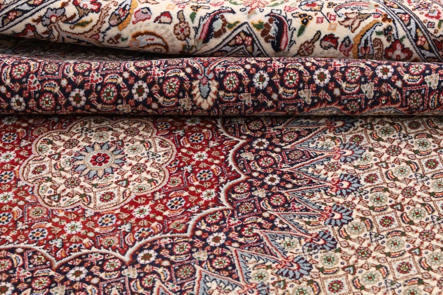 moud-teppich-348x242-cm-medaillon-muster-perserteppich-handgeknupft-3 Moud Perserteppich 346 × 241 cm aus Wolle & Seide, handgeknüpft