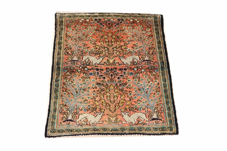 Handgeknüpfter Ghom Seidenteppich 82×59 cm – antik, elegant, Perserteppich