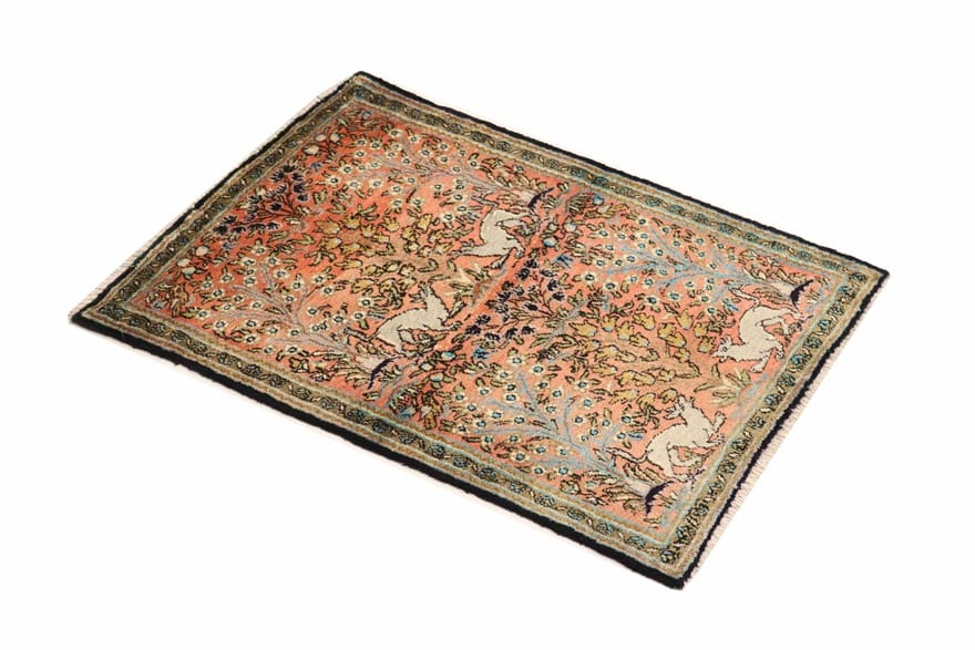 Handgeknüpfter Ghom Seidenteppich 82×59 cm – antik, elegant, Perserteppich