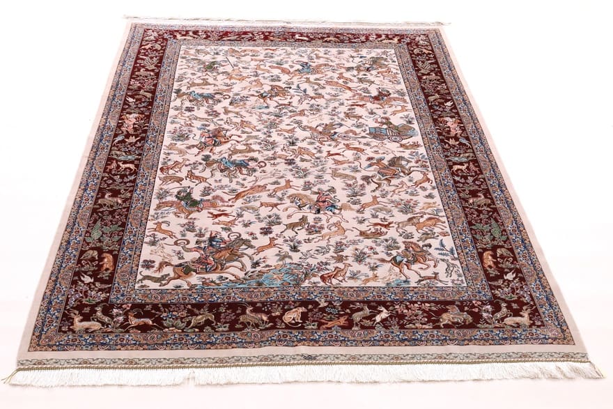 ghom-orientteppich-232x151-cm-viskose-elegant-handgeknupft-1 Handgewebter Ghom Perserteppich, 230 × 150 cm, Seide