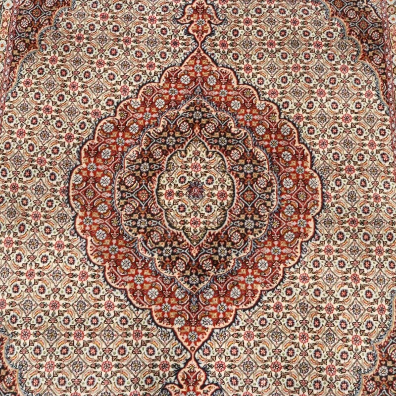 handgeknupfter-moud-teppich-235x167-cm-wolle-seide-blutenmuster-8 Moud Perserteppich 233 × 166 cm aus Wolle & Seide, handgeknüpft