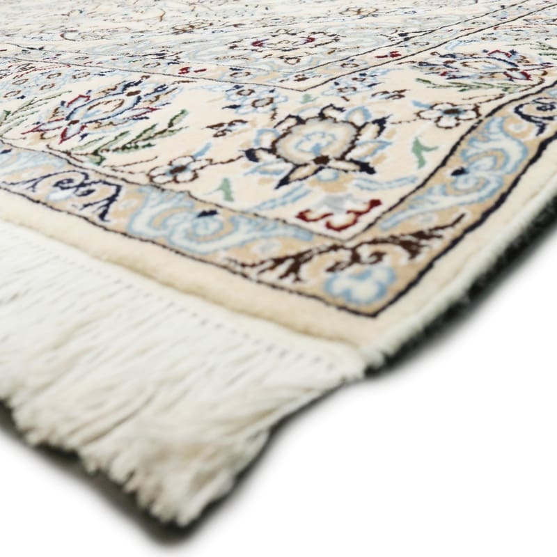 handgeknupfter-nain-9-la-teppich-215x134-cm-in-blau-creme-7 Handgeknüpfter Nain Perserteppich, 213 × 133 cm, Wolle & Seide