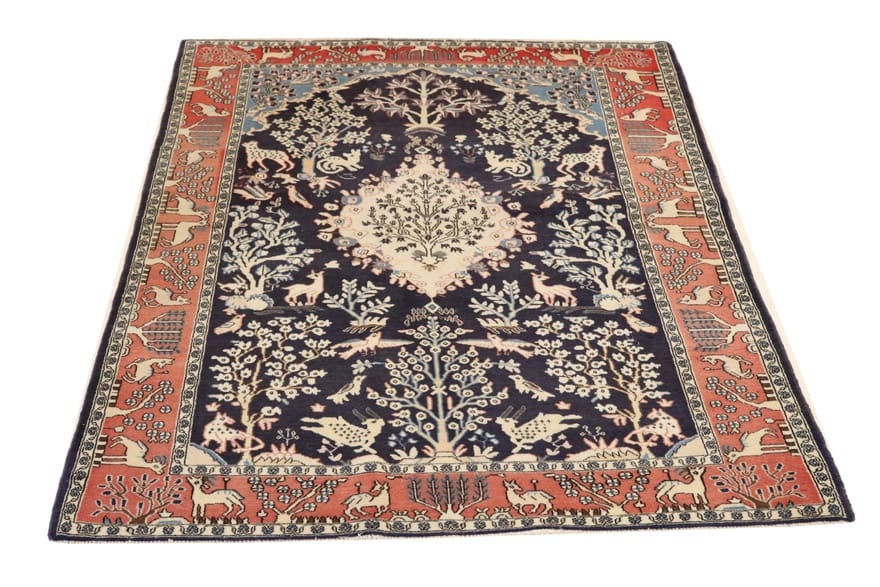 ghom-teppich-202x131-cm-marineblau-mit-tier-muster-handgeknupft-1 Handgeknüpfter Ghom Perserteppich 200 × 130 cm