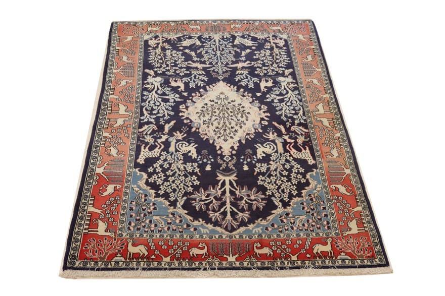 ghom-teppich-202x131-cm-marineblau-mit-tier-muster-handgeknupft-2 Handgeknüpfter Ghom Perserteppich 200 × 130 cm