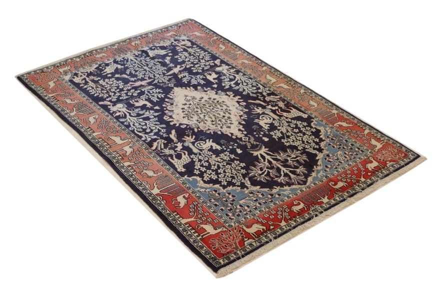 ghom-teppich-202x131-cm-marineblau-mit-tier-muster-handgeknupft-3 Handgeknüpfter Ghom Perserteppich 200 × 130 cm