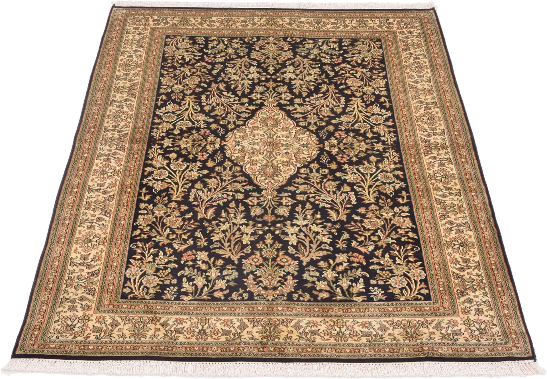 kashmirseide-teppich-124-x-185-cm-persisches-muster-handgeknupft-1 Handgeknüpfter Kashmir Orientteppich, 124 × 185 cm, Wolle & Seide