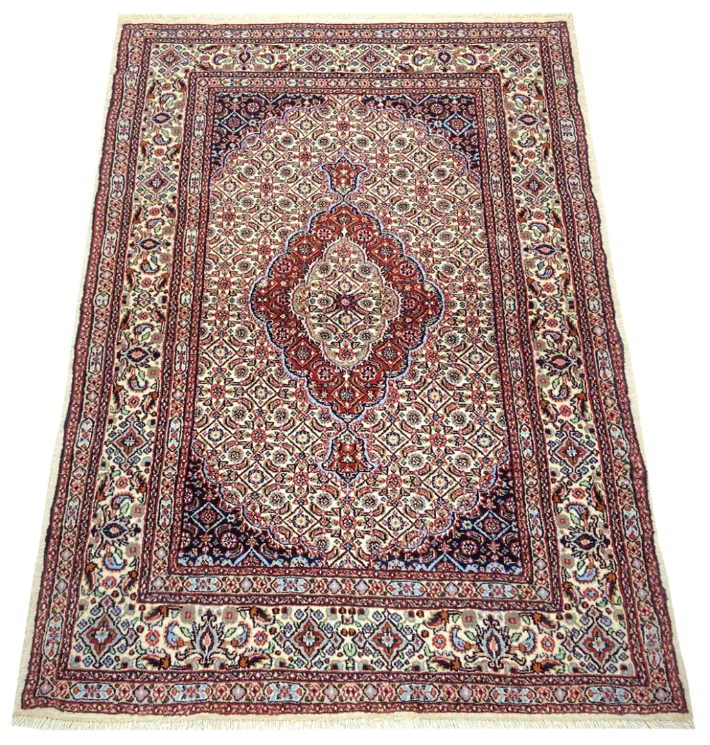 Handgeknüpfter Moud Perserteppich, 138 × 100 cm, Wolle & Seide