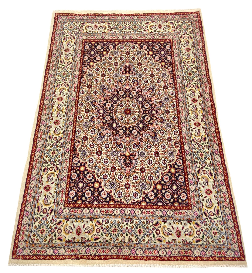 Handgeknüpfter Moud Perserteppich, 150 × 99 cm, Wolle & Seide