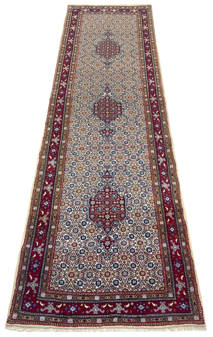 moud-orientteppich-296-x-84-cm-herati-muster-handgeknupft-1 Handgeknüpfter Moud Herati Perserteppich 296 × 84 cm