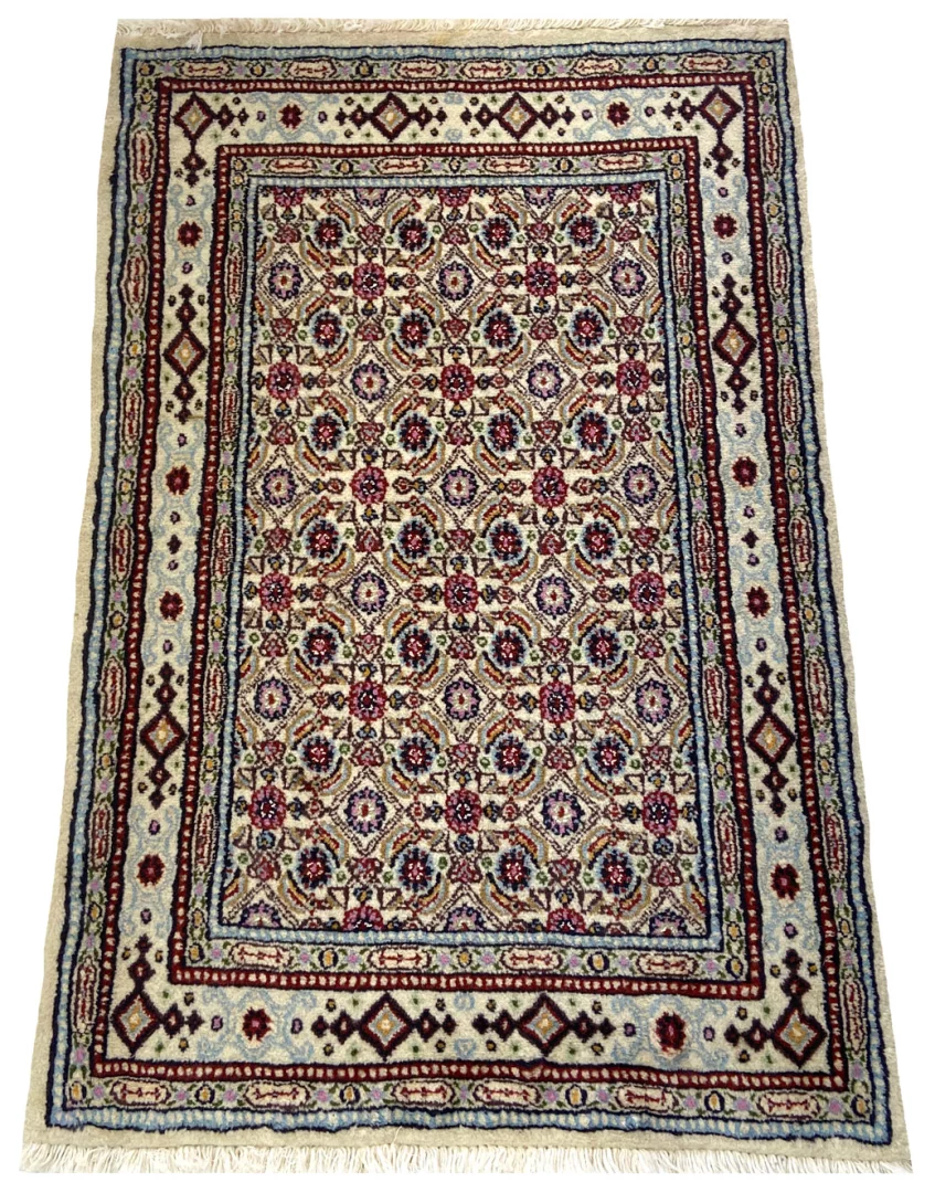Handgeknüpfter Moud Herati Perserteppich, 92 × 62 cm, Wolle & Seide