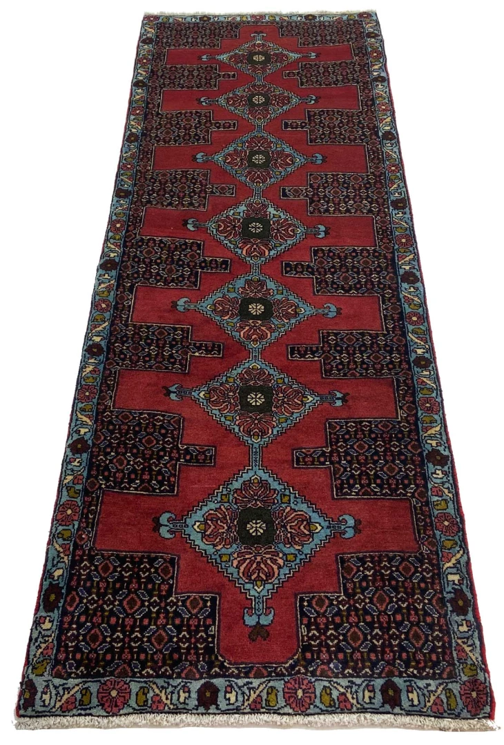 senneh-teppich-225-x-79-cm-rauten-medaillons-handgeknupft-perserteppich-1 Perserteppich aus Iran, 225 × 79 cm