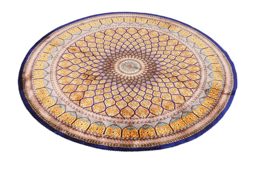 eleganter-runder-seidenteppich-152x151-cm-in-braun-gelb-perserteppich-3 Handgefertigter Ghom Perserteppich, 150 × 150 cm
