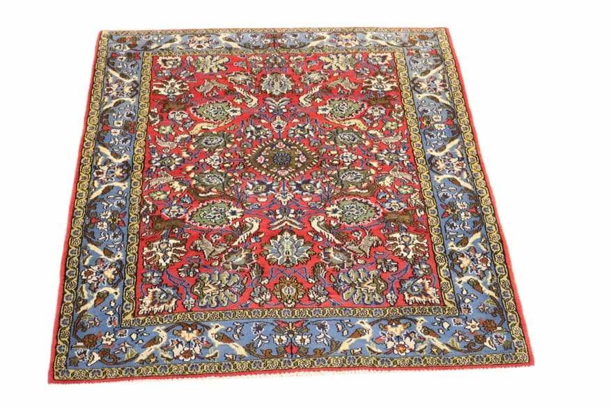 rugeast-orientteppich-152x110-cm-rote-mitte-blaue-bordure-handgeknupft-1 Handgeknüpfter Ghom Perserteppich 150 × 109 cm