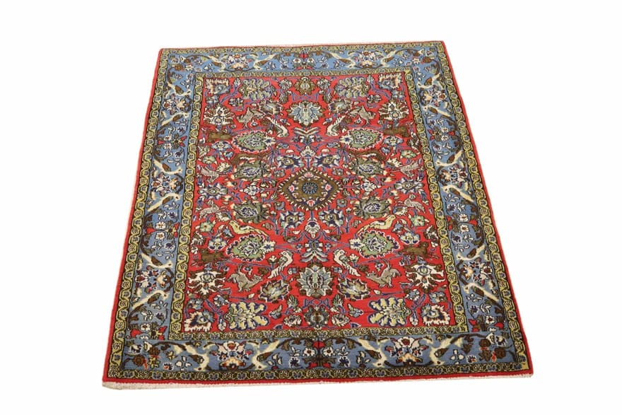 rugeast-orientteppich-152x110-cm-rote-mitte-blaue-bordure-handgeknupft-2 Handgeknüpfter Ghom Perserteppich 150 × 109 cm