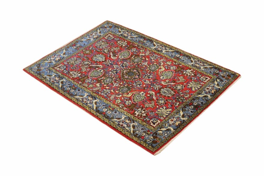 rugeast-orientteppich-152x110-cm-rote-mitte-blaue-bordure-handgeknupft-3 Handgeknüpfter Ghom Perserteppich 150 × 109 cm
