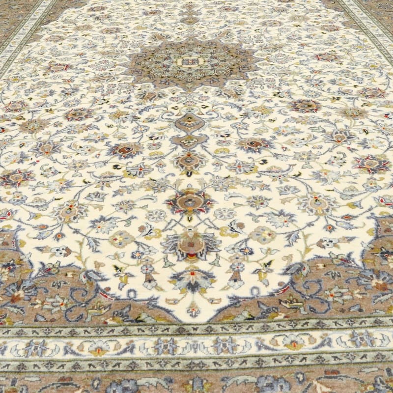 eleganter-kashan-teppich-352x245-cm-creme-grau-handgeknupft-6 Handgeknüpfter Kashan Perserteppich, 350 × 244 cm, Wolle