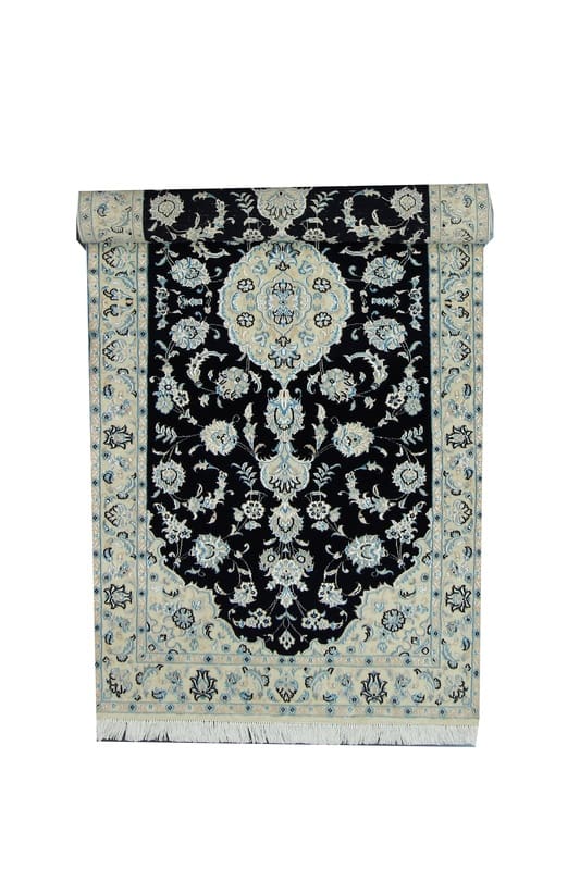 handgeknupfter-nain-9la-orientteppich-199x95-cm-schwarz-cremeornamente-1 Handgeknüpfter Nain Perserteppich, 197 × 94 cm, Wolle & Seide