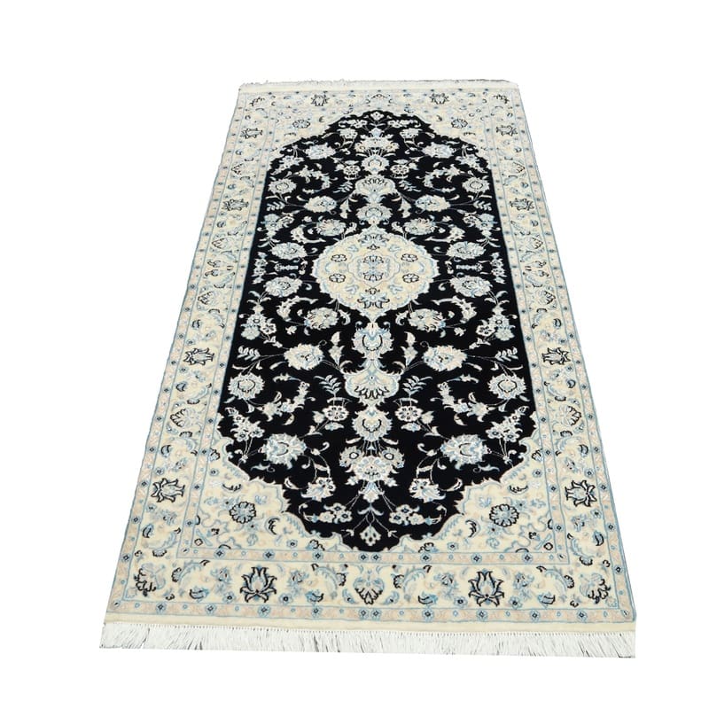 handgeknupfter-nain-9la-orientteppich-199x95-cm-schwarz-cremeornamente-2 Handgeknüpfter Nain Perserteppich, 197 × 94 cm, Wolle & Seide