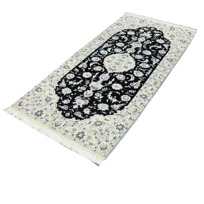 handgeknupfter-nain-9la-orientteppich-199x95-cm-schwarz-cremeornamente-3 Handgeknüpfter Nain Perserteppich, 197 × 94 cm, Wolle & Seide