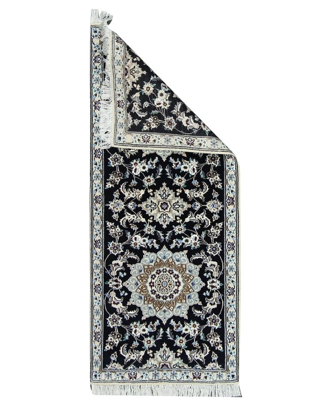 eleganter-nain-9la-teppich-196x82-cm-handgeknupft-dunkelblau-1 Handgeknüpfter Nain Perserteppich, 194 × 81 cm, Wolle & Seide
