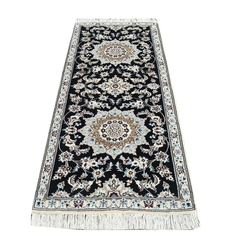 eleganter-nain-9la-teppich-196x82-cm-handgeknupft-dunkelblau-2 Handgeknüpfter Nain Perserteppich, 194 × 81 cm, Wolle & Seide